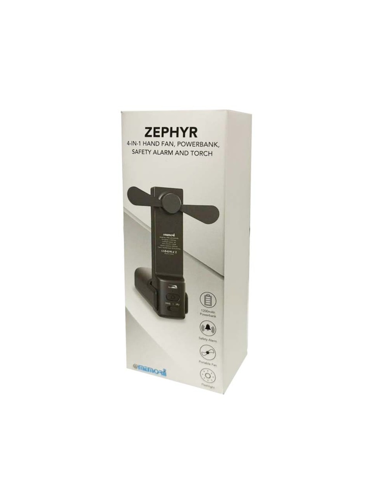 ZEPHYR - @memorii 4-in-1 Fan Powerbank, Safety Alarm & Torch - Black